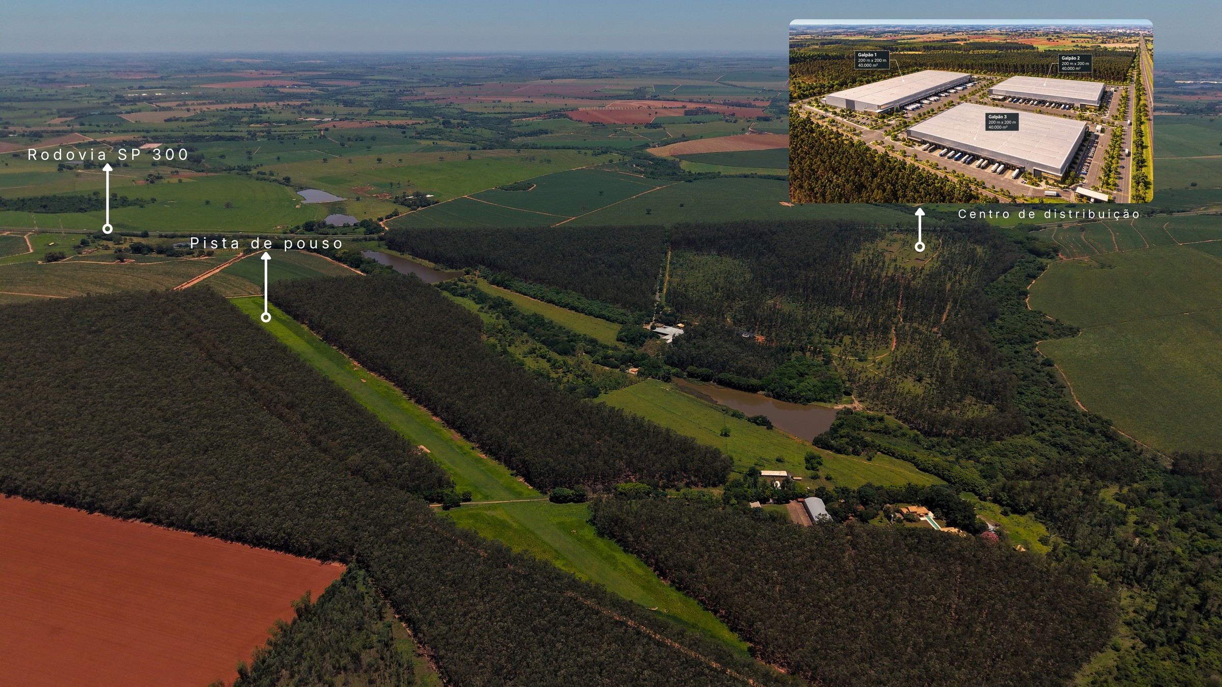 Vista aérea da pista de pouso, da Rodovia SP-300 e do render do Centro de Distribuição com três galpões de 40.000 m² cada