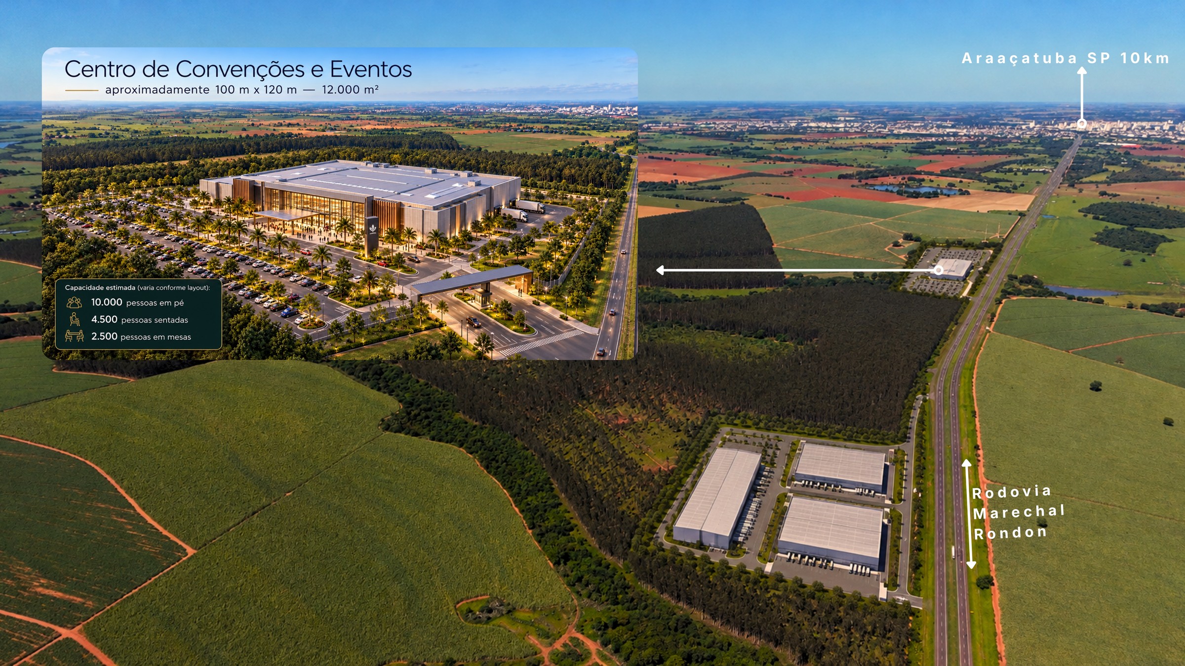 Render do Centro de Convenções e Eventos, aproximadamente 12.000 m², com estacionamento próprio, nas margens da Rodovia Marechal Rondon