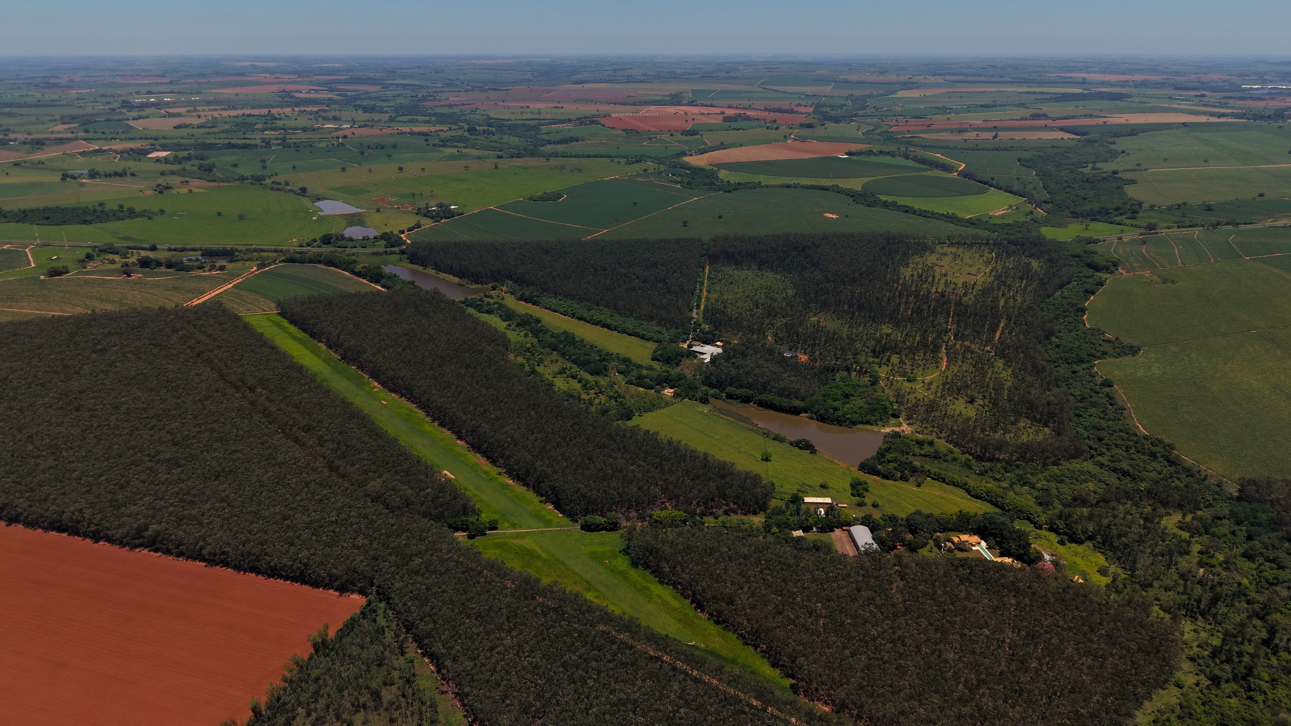 Vista aérea da pista de pouso particular e da propriedade, com a sede e o reflorestamento ao redor